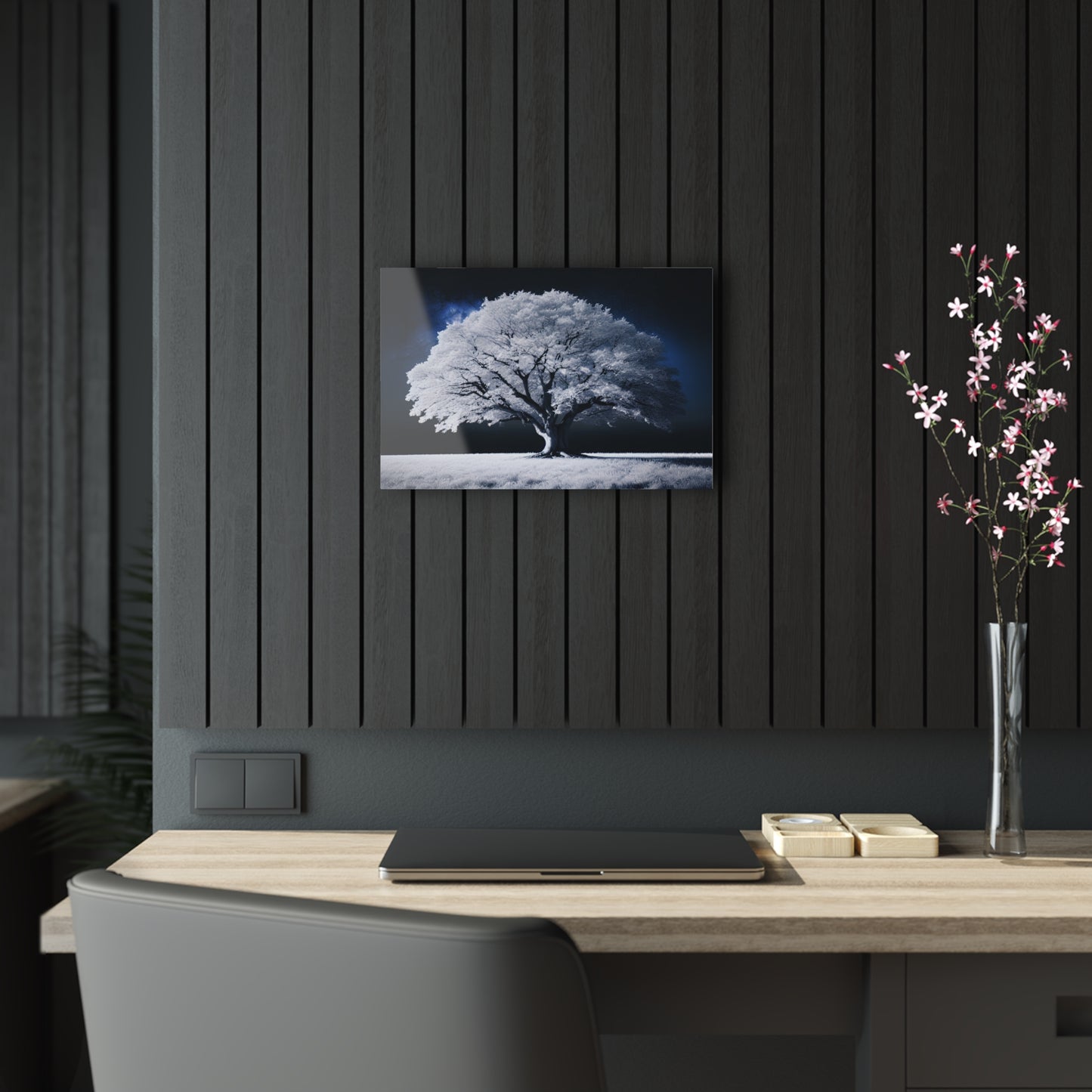 White Leaves, Wall Art, Beautiful Tree, Living Room, Bed Room, Acrylic Glass Print, Lunar Serenity